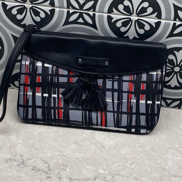 Vera Bradley Abstract Plaid Wristlet Clutch Gray Black Red - Picture 1 of 8